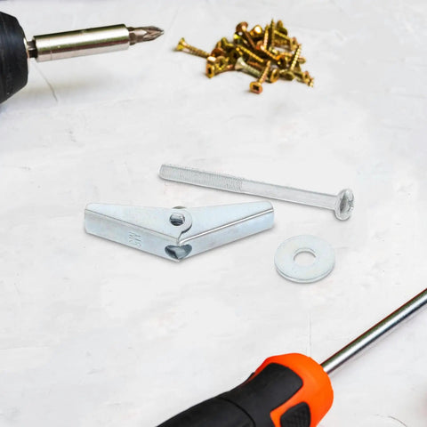 Top Shelf 30 Piece Carbon Steel Drywall Anchors M5 X 60mm Butterfly Toggles installation tools with screw and washer.