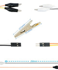 840 Piece Breadboard Jumper Wires Kit With Fourteen Lengths From Two Millimeters To One Hundred Twenty Five Millimeters For Arduino Projects And DIY Electronics Includes Sixty Wires Per Size For Easy Prototyping Made For Makers showing various connectors and alligator clip with dimensions