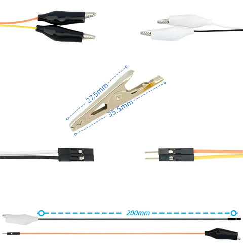 840 Piece Breadboard Jumper Wires Kit With Fourteen Lengths From Two Millimeters To One Hundred Twenty Five Millimeters For Arduino Projects And DIY Electronics Includes Sixty Wires Per Size For Easy Prototyping Made For Makers showing various connectors and alligator clip with dimensions