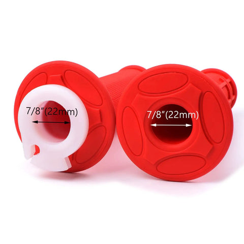 Red 7/8 inch 22mm rubber grip handles for Seven Eighths Inch 22mm Twist Throttle Cable Kit with labels showing dimensions.