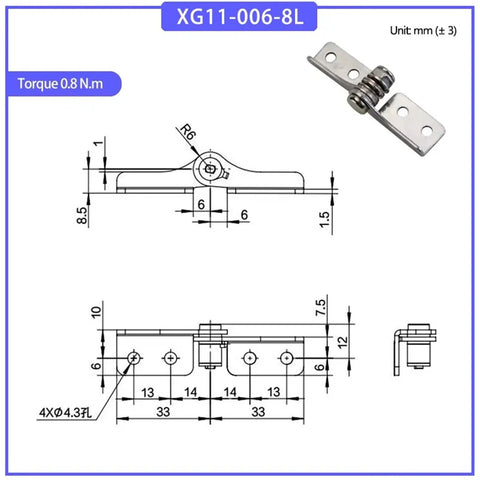 Front view of XG11-006-8L damping hinge with 0.8 N·m adjustable torque and metal mounting plate