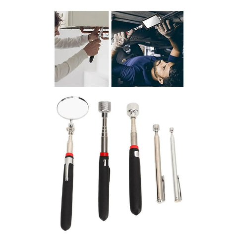 Cool 5 Piece Magnetic Grabber Tool Kit With Stainless Steel Telescoping Rod And Round Inspection Mirror For Reaching Dead Angles Up To 15 Lbs Easy Pickup Gear, 5-piece set