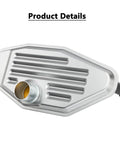 Beefed Up Transmission Filter And Oil Pan Gasket Kit for Ram Jeep Dodge and Chrysler Vehicles, shown in silver metal.