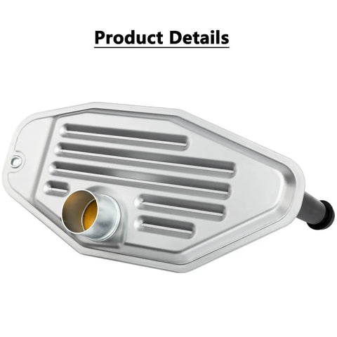 Beefed Up Transmission Filter And Oil Pan Gasket Kit for Ram Jeep Dodge and Chrysler Vehicles, shown in silver metal.