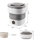 Clutch 20L Foldable Portable Washer With Power Spin Basket, compact design, dimensions marked, perfect for dorms and RV living.