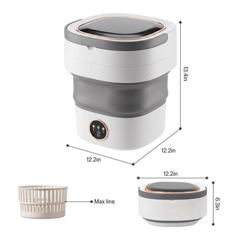 Clutch 20L Foldable Portable Washer With Power Spin Basket, compact design, dimensions marked, perfect for dorms and RV living.