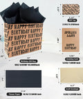 Large Kraft Birthday Gift Bag Set With Classic Black Happy Birthday Lettering Includes Greeting Card Hang Tag Kraft Envelope And Tissue Paper All In One Gift Kit For Men Boys And Kids, shown with measurements and components.