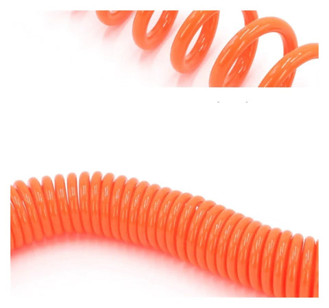 Top Shelf Pu Spring Air Hose For Air Compressor With Swivel Couplers And Anti Twist Design Hella Durable Grease Resistant Pneumatic Telescopic Pipe Built Like A Tank For Shop And Auto Repair coiled orange hose close-up