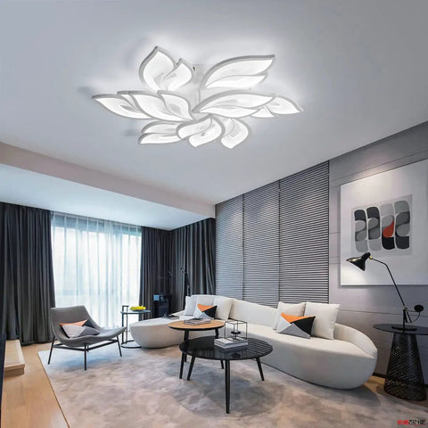 Modern LED Ceiling Light Dimmable Flower Petal Flush Mount Fixture Nine Head White Acrylic Petals 70W Chandelier Style
