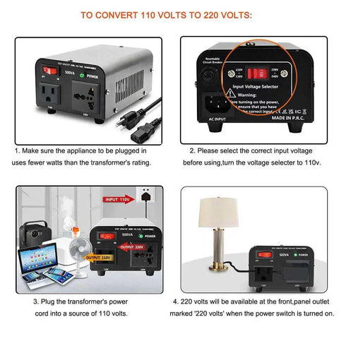 Instructional image of 500W Voltage Transformer Power Converter 110V To 220V And 220V To 110V with setup guide and usage instructions.