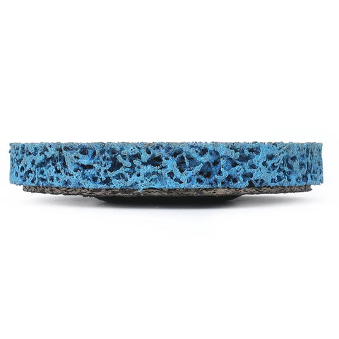 Side view of a blue nylon disc from Five Piece Poly Strip Abrasive Disc Set For Angle Grinder Rust And Paint Removal, 22mm arbor