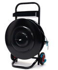 Heavy Duty Banding Cart And Dispenser For 8x8 And 16x16 Strapping, Built In Tool Tray For Seals And Tensioner, Durable Black Frame, Compatible With Steel, Poly, PET And Fiber Straps, front view