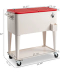 Front view of 80 Quart Rolling Cooler Cart With Stainless Steel Ice Chest Wheels And Handle Outdoor Beverage Bar Cooler For Patio Or Backyard BBQs Ice Retention Tech Keeps Drinks Cold 48 Hours, showing dimensions.