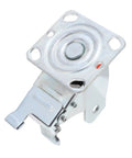 Rugged Steel Swivel Caster Bracket With Locking Brake And Four Inch Wheels For Heavy Machinery, detailed view showing locking mechanism.