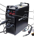 MIG 250 And TIG 225 AC DC Master Welding Kit's MIG 250 welder with cables, torch, and gas lens for versatile metal fabrication