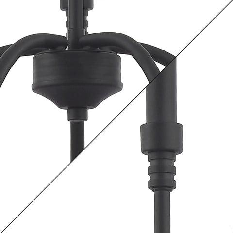 Close-up of the matte black finish and iron frame detailing on the Five Light Farmhouse Linear Pendant Chandelier for Kitchen Island Dining and Living Room Matte Black Finish Sturdy Metal Iron Frame Modern Rustic Lighting Fixture Built to Last.