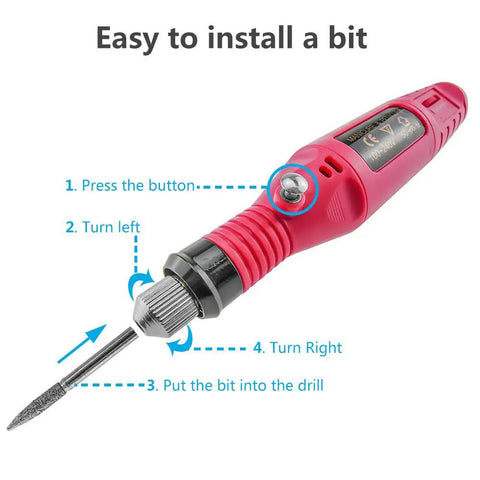 Portable Electric Nail Drill Pen With Six Precision Bits For Buttery Smooth Gel Removal And Acrylic Shaping No Sweat Manicure And Pedicure Kit Pro Moves Home Setup, close-up of bit installation instructions.