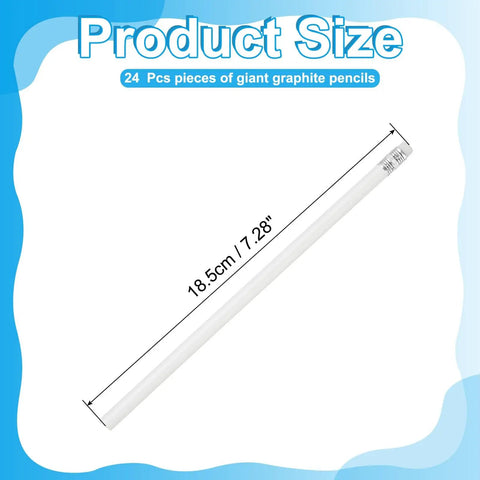 Giant Round Graphite Pencils 24 Pack With Erasers, 7 Inch HB Lead for sketching and writing, shown with dimensions, white wood