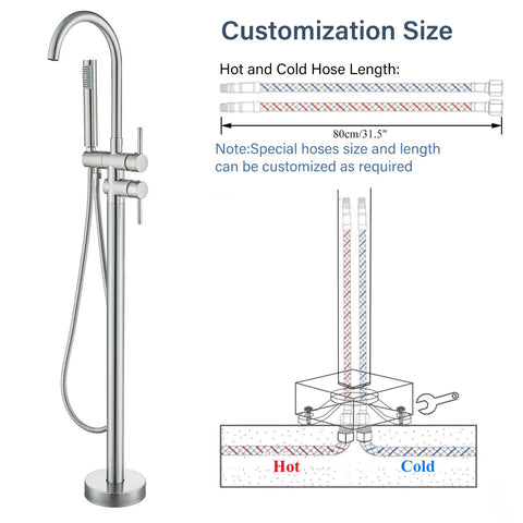 Freestanding Bathtub Faucet In Brushed Nickel with custom hose size options, Floor Mounted Tub Filler With Handheld Shower.