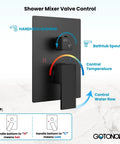 Matte Black Waterfall Bathtub Faucet With Handheld Shower, Wall Mounted Rough In Valve illustration showing control features