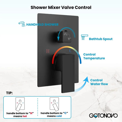 Matte Black Waterfall Bathtub Faucet With Handheld Shower, Wall Mounted Rough In Valve illustration showing control features