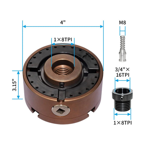 Wood lathe chuck set, SIIIXS, 4-inch with 1x8TPI thread and 3/4x16TPI adapter; self-centering 4-jaw chuck