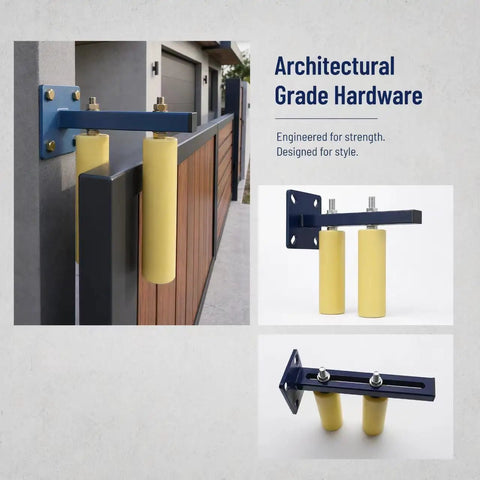 6 Inch Blue Powder Coat Slide Gate Roller With UHMW Nylon Wheel, 4.5 Inch Adjustable Arm, Sealed Bearings, Heavy Duty Build For Smooth Long Lasting Gate Operation installed on sliding gate