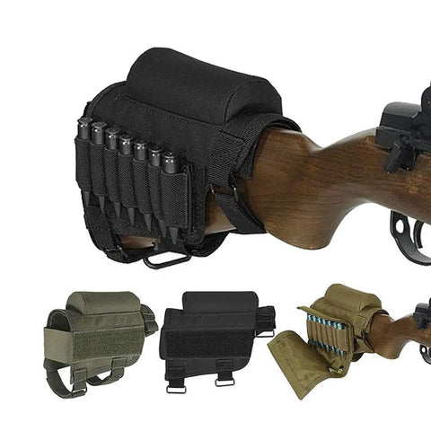 Go-To Outdoor Tactical Cartridge Holder And Cheek Rest For Shotguns on fixed stock with 7 shell carrier, three color options