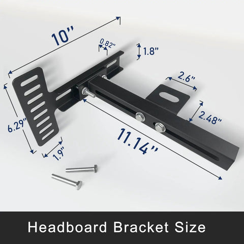 Built Tough Adjustable Headboard Brackets 2 Pack Expandable Steel Bed Frame Hardware Kit Fits Twin Full Queen King Beds No Sweat Quick Assembly Rock Solid Wall Grip Support size dimensions with mounting bolts.