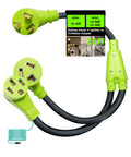 Rad 30 Amp 240 Volt Dryer Y Splitter Adapter Converts Nema 10 30 Male Plug to dual receptacles with green cord setup.