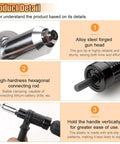 Cordless Pop Rivet Gun Adapter Kit With Four Rivet Heads 2.4mm 3.2mm 4.0mm 4.8mm showing metal gun head and connecting rod detail