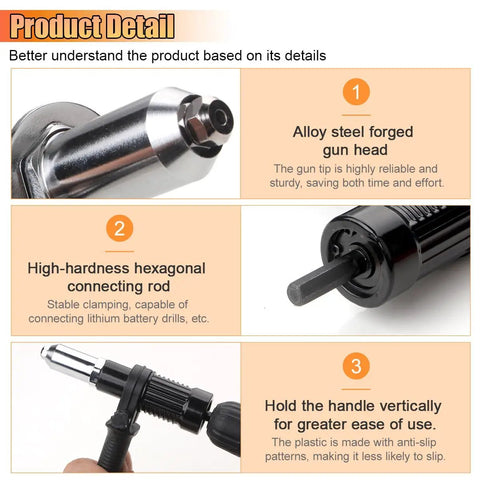 Cordless Pop Rivet Gun Adapter Kit With Four Rivet Heads 2.4mm 3.2mm 4.0mm 4.8mm showing metal gun head and connecting rod detail