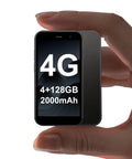 Compact smartphone held in hand displaying 4G connectivity, 128GB storage, and 2000mAh battery specs.