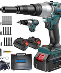 Heavy Duty Cordless Electric Rivet Nut Gun Kit showcases dual batteries, multiple nozzles, and accessories for metal projects.
