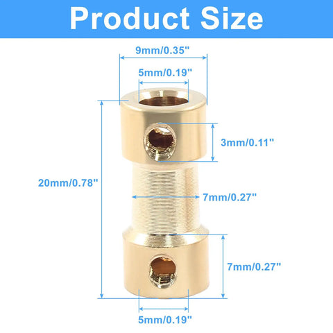 Detailed dimensions of brass shaft couplings, 5mm to 5mm, showing tight fit and screws for motors, generators, and RC gear.