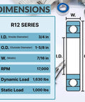 R12 series dimensions chart for 10 Pack Sealed Chrome Steel Ball Bearings 3/4 X 1-5/8 X 7/16 Inches Heavy Duty R12-2RS units.