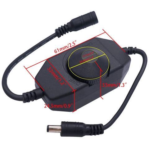 2 Pack DC 12V To 24V Rotary PWM Dimmer Switch For LED Strip Lights showing black dimmer with dimensions and barrel jack plug.