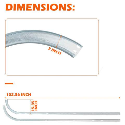 Dimensions of 12 Inch Radius Garage Door Track Curve Set For 7 Foot Doors with 102 inches total length and 2 inch pulleys.