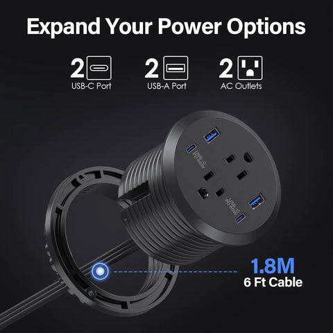 Level Up Your Desk Setup With This Recessed Power Grommet Featuring 65W Usb C Fast Charge Two Ac Outlets And Four Usb Ports For A Clean Flush Surface That Kills Messy Wires Fast with black design, 2 USB-C ports, 2 AC outlets.
