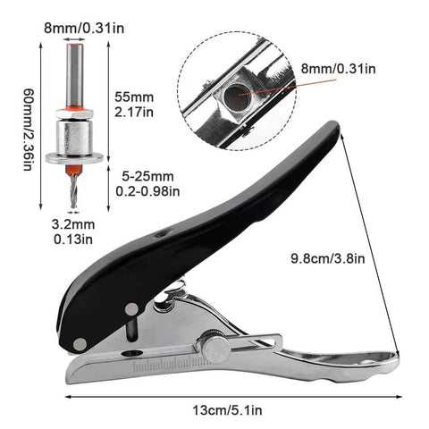 8mm Heavy Duty Hole Punch Set With Countersink Drill And Wrench, handheld tool dimensions and features, black steel design