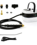 Heavy Duty Handheld Steam Cleaner 2500 Watt with hose, nozzles, and attachments for effective car detailing and home cleaning.