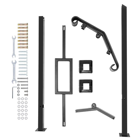 No Sweat Outdoor Step Handrails Heavy Duty Double Post Railing System parts including black steel posts and brackets.
