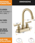 Gold 4 Inch Center Set Bathroom Faucet With Pop Up Drain, 2-Handle Sink Faucet With Included Supply Lines, dimensions shown