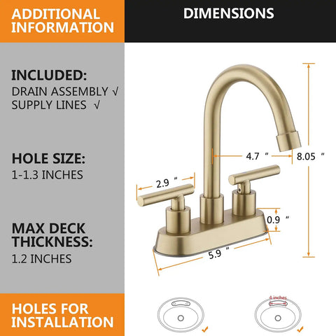 Gold 4 Inch Center Set Bathroom Faucet With Pop Up Drain, 2-Handle Sink Faucet With Included Supply Lines, dimensions shown