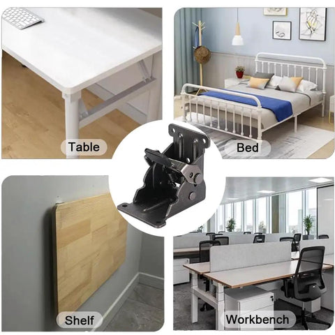 Heavy Duty Four Piece Folding Brackets For Table And Bed Legs With Self Lock Hinge Hardware Premium Galvanized Finish steel mount for tables, beds, shelves, and workbenches.