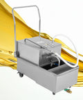 Professional Grade Commercial Fryer Oil Filter Machine With Slick Wheeled Cart And Heavy Duty Stainless Steel Tank for 14 gallons of oil.