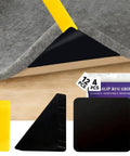 Non Slip Rug Tape Set With 16 Pieces, Triangle And Square Grippers for Hardwood Floors and Tiles in packaging and under rug example