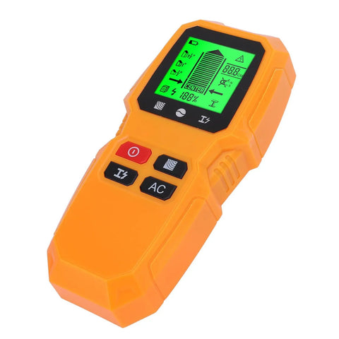 Phefop Wall Scanner Stud Finder 5 in 1 with LCD Display for Cable Metal, handheld device with an orange casing and bright LCD screen.