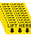 Lift Here label decal set, 5x2 in, bright yellow with black text and downward arrows, 10-pack
