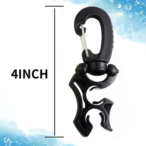 Black 4-inch scuba hose clip from Two Pack Scuba Hose Clips For Dope Dive Gear, dual holder with rotating snap hook for BCD